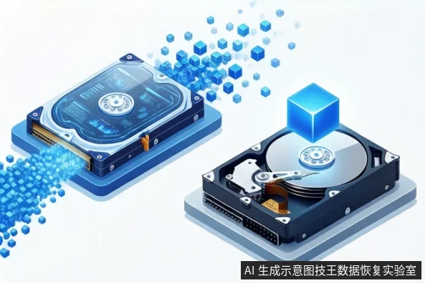Isometric illustration of two hard drives with blue data cubes flowing between them.