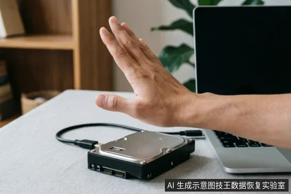 画面展示了一只手在连接着笔记本电脑的机械硬盘上方做出明显的停止或拒绝手势。该动作直观地传达了在遇到硬盘故障时,应立即停止通电操作、避免进一步写入数据以保护原始介质的止损理念。