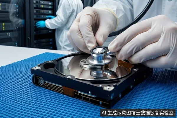 洁净室蓝色防静电垫上,前景一双戴白手套的手持听诊器贴向一块打开外壳的机械硬盘盘片。背景中一名穿无尘服的技术人员正在操作服务器机柜。