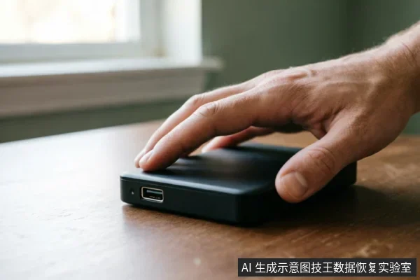 一只男性的手轻轻按在放置于木质桌面上的黑色移动硬盘上,设备侧面清晰可见USB接口及状态指示灯,背景为模糊的窗边环境。