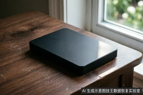 一个黑色的外置移动硬盘静置在木质桌面上，旁边是窗户，自然光照射在光滑的硬盘外壳上。画面仅展示设备外观，无连接线缆或操作动作。