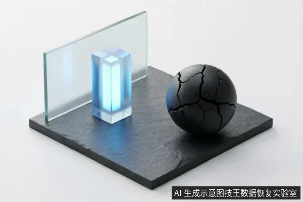 深灰色石质底座上放置着一个发光的蓝色透明长方体与一块竖立的玻璃板,旁边是一个表面布满裂纹的黑色球体。画面通过发光体与破碎球体的对比,抽象地象征了数据恢复中逻辑层与物理硬件故障的区别。