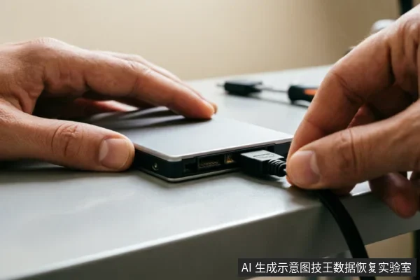 特写镜头展示双手正在将黑色数据线插入银灰色移动硬盘的接口中,背景模糊可见维修工具。画面聚焦于连接动作与设备侧面接口细节,无可见文字或屏幕显示。