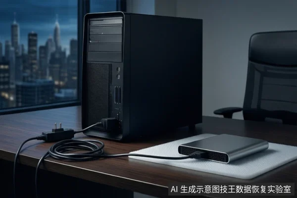 木质桌面上放置一台黑色塔式主机,前景有一根断开连接的网线,右侧平放一个黑色方形存储设备,背景为模糊的城市夜景。