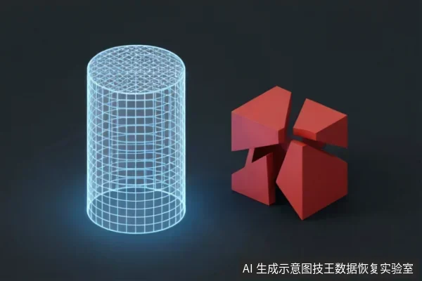 画面左侧为一个发光的蓝色线框圆柱体,象征存储介质或数据扇区;右侧为一个红色的立体几何块状物,呈现破碎、断裂的状态,象征损坏的文件结构或丢失的数据索引。背景深暗,突出两个主体的对比。