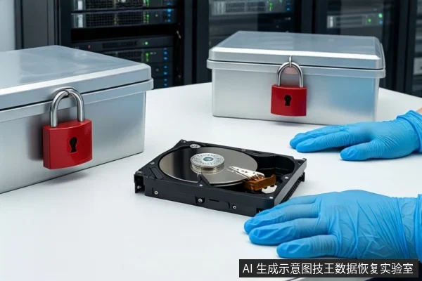 洁净室白色桌面上,中央平放一块打开外壳的机械硬盘,露出盘片与磁头组件。左右两侧各放置一个挂有红色挂锁的银色金属防震箱。右侧戴蓝色手套的双手平放在桌面上,背景为服务器机柜。