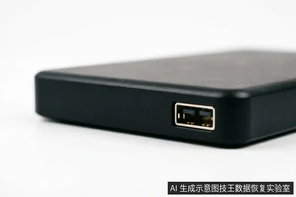 黑色移动硬盘侧面的USB接口特写，背景纯白。画面聚焦于金属接口细节，未连接任何线缆，展示了外部存储设备的物理外观。