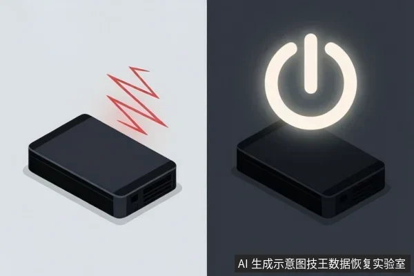 左右分屏示意图：左侧黑色移动硬盘上方有红色波浪线，右侧同一硬盘上方显示发光的电源开关符号。