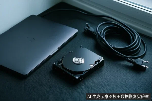 黑色桌面上放置一台合上的笔记本电脑、一个打开的机械硬盘和一根盘绕的电源线，背景为窗台。