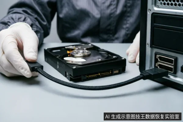 戴白色防静电手套的操作人员将SATA数据线连接至裸露的机械硬盘,另一端接入设备接口。画面展示了排查物理连接与电源供应的专业操作场景,强调在远程软件失效时优先检查硬件基础障碍。