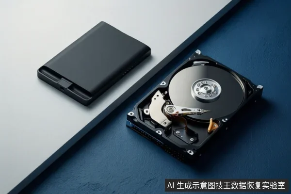 白色与深蓝色拼接背景上,左侧放置一个黑色长方形移动硬盘盒,右侧展示一个打开外壳的机械硬盘,可见盘片、主轴电机和磁头组件。