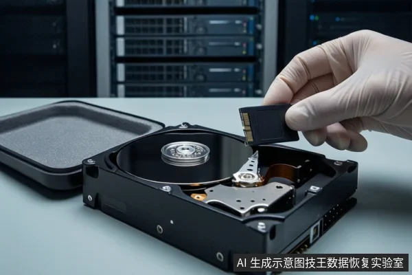 白色桌面上平放一块打开外壳的机械硬盘，左侧放置一个闭合的黑色防震箱。右侧一只戴白色手套的手正握持一块黑色固态硬盘（SSD），悬停在机械硬盘上方。背景是模糊的服务器机柜。