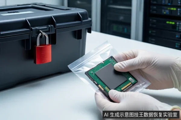 洁净室白色桌面上,左侧黑色防震箱挂有红色挂锁。前景一双戴白手套的手持透明防静电袋,袋内装有一块M.2固态硬盘。背景为模糊的服务器机柜。
