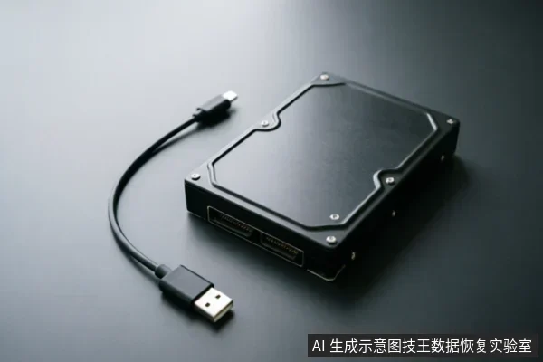 一个黑色的外接硬盘盒平放在深色背景上,侧面可见SATA数据与电源接口,连接着一根USB转Type-C数据线,展示硬盘外部连接结构。