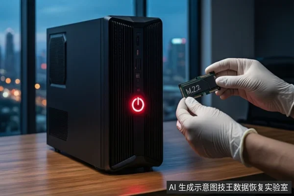 木质桌面上,左侧竖立一台黑色塔式主机,正面电源按钮亮红灯。前景一双戴白手套的手持握一块M.2固态硬盘。背景为模糊的窗户和城市夜景。