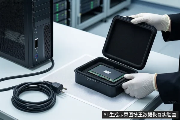 白色桌面上,左侧竖立一台黑色塔式主机,前景一双戴白手套的手正打开一个黑色防震箱,箱内平放一块M.2固态硬盘。右侧盘绕着一根黑色SATA数据线。背景为模糊的服务器机柜。