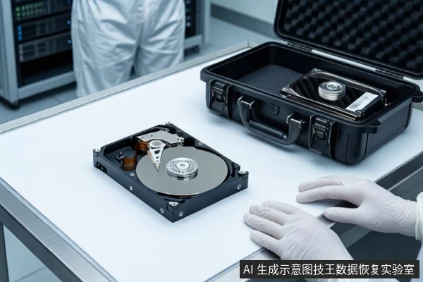 洁净室白色桌面上,左侧平放一块打开外壳的机械硬盘,右侧黑色防震箱内固定一块闭合硬盘。前景一双戴白手套的手平放在桌边,背景为模糊的服务器机柜。