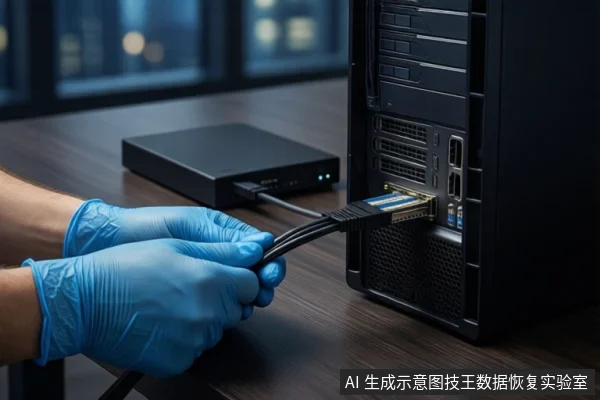 木质桌面上,戴蓝色手套的双手正将一根黑色网线插入黑色塔式主机背面的网口,左侧平放一个黑色方形存储设备,背景为模糊的室内灯光。