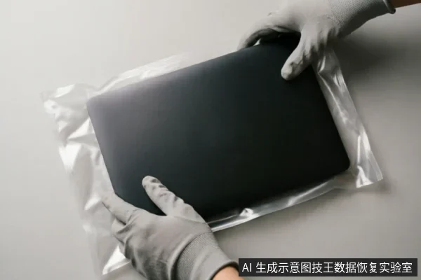 一双戴着灰色防静电手套的手正将一台合上的黑色笔记本电脑放入透明密封袋中。该动作展示了在设备故障时,通过物理隔离保护存储介质,防止环境因素干扰,以便安全移交专业机构进行数据恢复处理。
