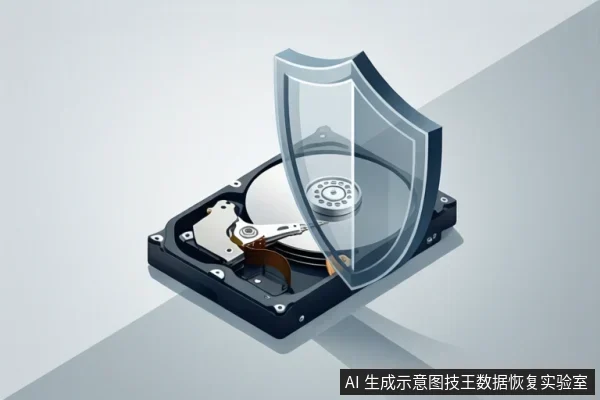 画面中展示了一块打开外壳的机械硬盘，可见盘片、主轴和磁头组件，硬盘上方悬浮着一个半透明的盾牌图标，背景为浅灰色台面。