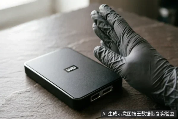 一只戴着黑色防护手套的手悬停在放置于石质台面上的西部数据(WD)移动硬盘上方,展示在故障排查或数据恢复过程中对存储设备进行非接触式检查或准备操作的场景。
