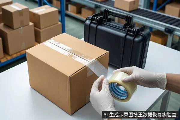 仓库环境中，白色桌面上放置一个已封口的棕色纸箱和一个黑色防震箱。一双戴白色手套的手正持一卷透明胶带，准备封箱。背景可见货架和堆叠的纸箱。