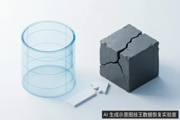 画面左侧为一个代表数据结构的蓝色透明圆柱体网格,右侧是一个严重破裂的深灰色方块,象征物理介质损坏。中间有一个白色箭头指向破碎方块,直观对比了逻辑数据与物理硬件故障的区别。