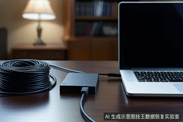 深色木质桌面上,左侧盘绕着一根黑色线缆,中间是一个黑色移动硬盘,右侧是一台屏幕关闭的银色笔记本电脑,硬盘通过线缆连接至电脑。背景为模糊的室内环境,可见台灯和书架。