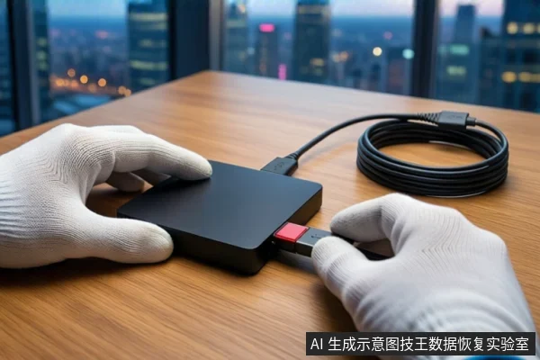 木质桌面上,一双戴白手套的手正在操作一个黑色方形移动硬盘。左手扶稳设备,右手将一个带有红色接头的USB设备插入硬盘侧面接口。右侧有一卷黑色线缆,背景是模糊的城市夜景。