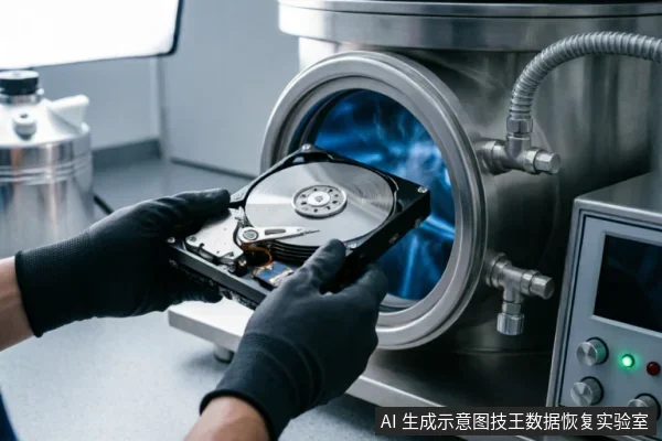 戴着黑色防静电手套的双手正持有一块已拆开外壳的机械硬盘,将其放入一台带有圆形观察窗和蓝色内部照明的不锈钢真空设备中。右侧可见带有旋钮和指示灯的控制面板,展示了专业数据恢复实验室中对物理介质进行处理的场景。