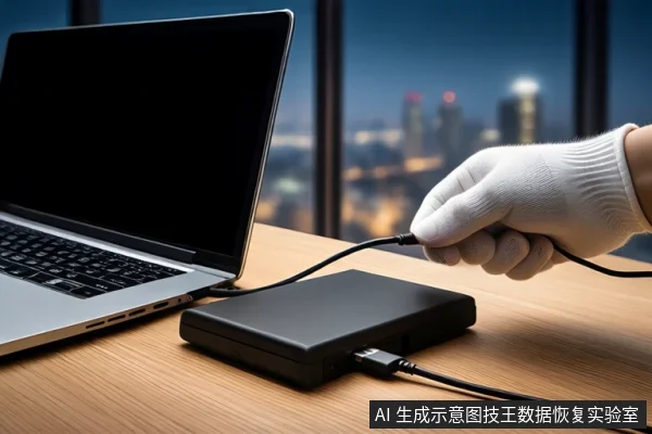 木质桌面上平放一台黑屏笔记本电脑和一个黑色移动硬盘,一只戴白手套的手正握持一根黑色线缆,背景为模糊的城市夜景。