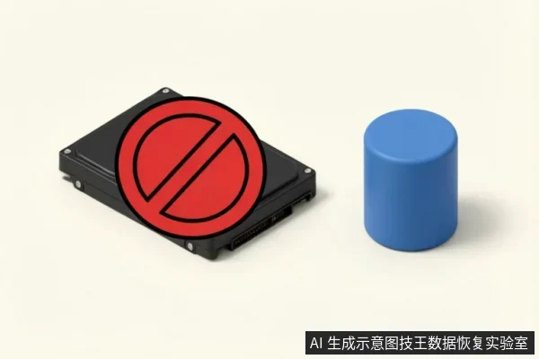 图片展示了一块黑色的机械硬盘，其表面覆盖着一个醒目的红色禁止符号（圆圈加斜杠），右侧放置一个蓝色的圆柱体图标。该画面直观地表达了在硬盘故障期间严禁进行格式化、分区或系统写入操作的含义。