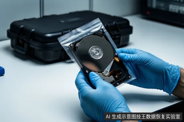 白色桌面上，一双戴蓝色手套的手正持握一个透明防静电袋，袋内装有一块打开外壳的机械硬盘。背景左侧有一个闭合的黑色防震箱，右上角可见模糊的黑色设备。