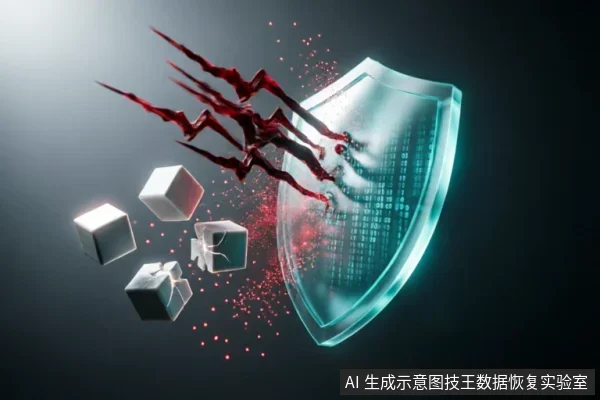 画面展示了一个发光的青色数字盾牌,正在抵御来自左侧的红色闪电状攻击。盾牌前方有几个白色立方体因冲击而破碎崩解,伴有红色粒子飞溅,象征防御系统拦截破坏性数据或保护存储介质免受逻辑损坏。