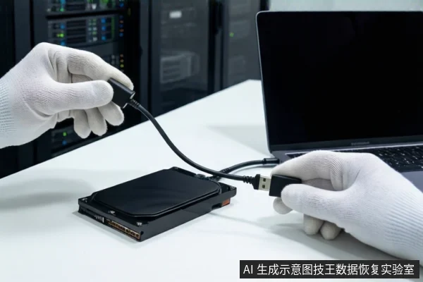 白色桌面上，一双戴白手套的手正握持一根黑色USB数据线，将其一端插入平放的裸露机械硬盘接口，另一端连接至右侧黑屏笔记本电脑。背景为模糊的服务器机柜。