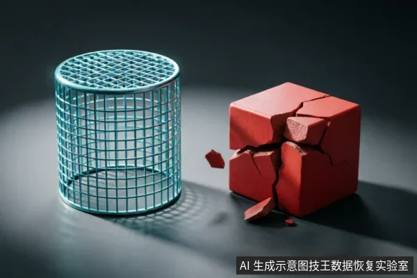 画面展示一个完整的青色金属网格圆柱体与一个严重碎裂的红色立方体并置。红色方块表面布满裂纹并有碎片脱落，象征存储介质遭受物理损坏或结构崩溃，而旁边的网格容器保持完好，隐喻数据恢复中保护原始介质与应对硬件故障的主题。