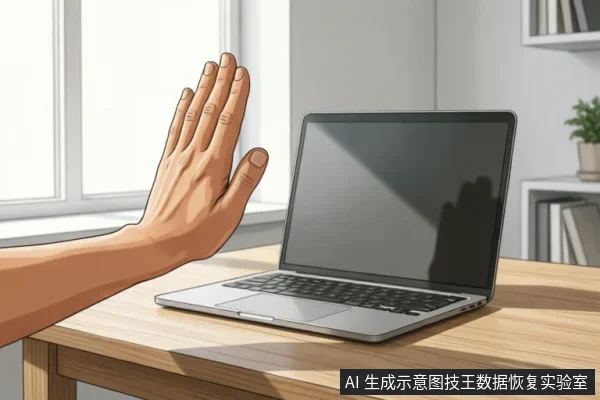 一只张开的手掌在笔记本电脑屏幕前做出明确的停止手势,示意拒绝操作。电脑放置在木质桌面上,背景为明亮的窗户和书架,画面直观传达了面对设备故障时应立即停止通电或尝试修复的紧急制动概念。