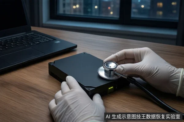 木质桌面上平放一台黑屏笔记本电脑和一个黑色方形存储设备。一双戴白色手套的手正握持一个听诊器,将其金属听头贴在存储设备表面,背景是模糊的城市夜景窗户。