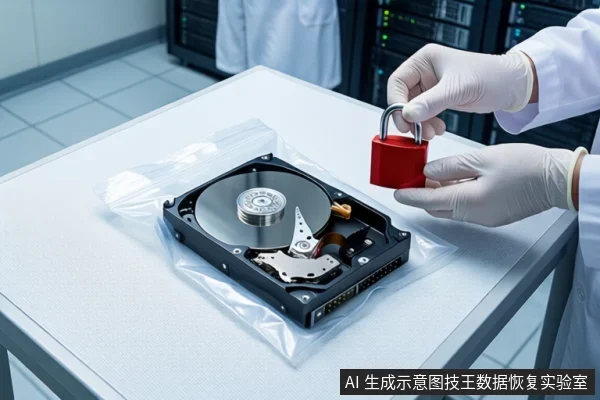 白色桌面上,前景一双戴白手套的手持一把红色挂锁悬停在打开外壳的机械硬盘上方,硬盘装在透明防静电袋内。背景为模糊的服务器机柜。