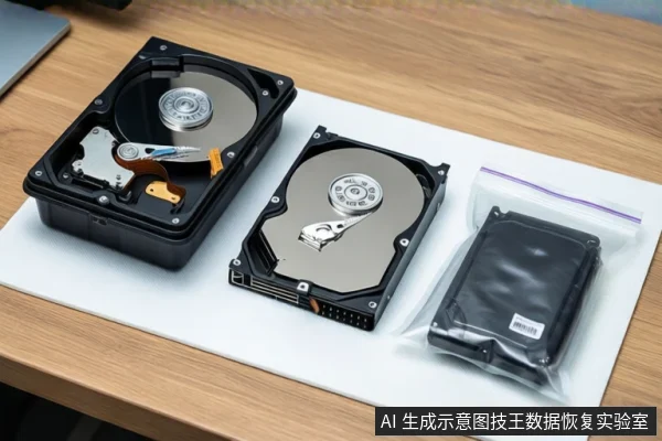 木质桌面上白色垫子内,左侧为打开外壳的机械硬盘,中间为闭合机械硬盘,右侧透明自封袋内装有一块黑色硬盘。