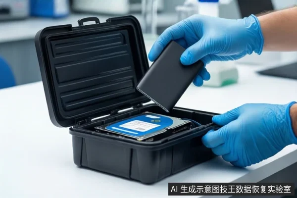 白色桌面上，一双戴蓝色手套的手正握持一块黑色移动硬盘，准备放入打开的黑色防震箱中，箱内已固定一块机械硬盘。背景为模糊的实验室环境。