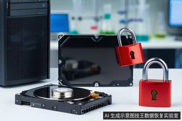 白色桌面上,左侧竖立一台黑色塔式主机,中间平放一块打开外壳的机械硬盘,右侧并排两把红色挂锁,背景为模糊的实验室设备。