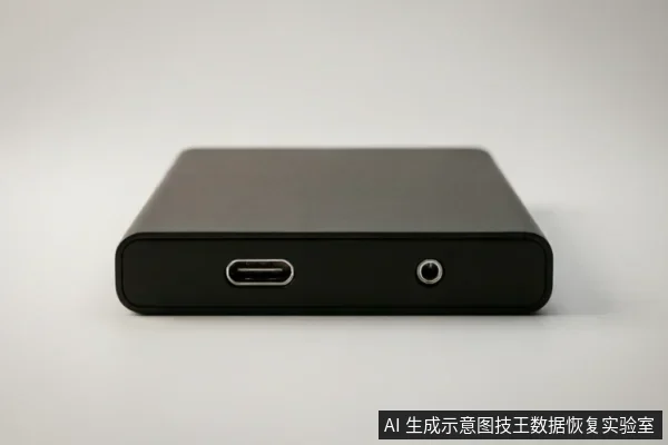 黑色移动硬盘侧面特写,展示了USB Type-C数据接口和圆形电源接口,背景为纯净的灰白色,无其他杂物。