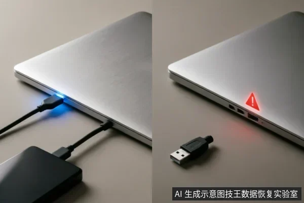 左图显示笔记本电脑连接外部硬盘,接口处亮蓝灯表示正常连接;右图显示同一电脑接口处亮起红色三角形警告灯,旁边放置一个未连接的USB转接头。画面直观展示了设备连接正常与识别故障时的不同物理状态。