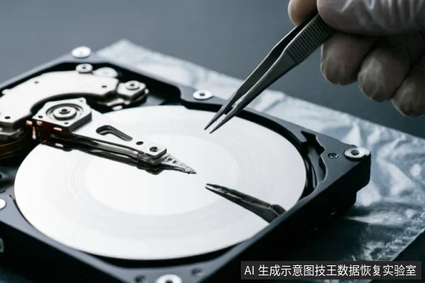 特写镜头展示一只戴手套的手使用镊子正在操作打开的机械硬盘内部,镊尖指向磁盘盘片与磁头组件。背景为防静电包装,画面聚焦于精密硬件的物理检修细节,体现了专业数据恢复或硬件检测的场景。