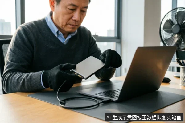 一位戴黑色手套的技术人员坐在办公桌前,正手持一块2.5英寸硬盘通过数据线连接至笔记本电脑,专注检查外部连接状态。背景可见风扇与窗户,呈现专业硬件检测环境。