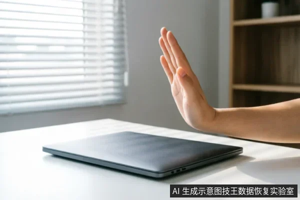 一只手掌在闭合的笔记本电脑前做出明确的停止手势,示意暂停或禁止操作。背景为带有百叶窗的明亮办公环境,画面传达出在设备异常时保持现状、避免进一步干预的紧急处理原则。