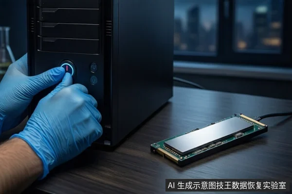 深色桌面上,左侧有一台黑色塔式主机,右侧一双戴蓝色手套的手正按压在主机正面的红色电源按钮上,旁边平放一块M.2固态硬盘,背景为模糊的城市夜景。