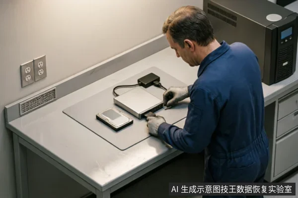 一名身穿蓝色工装、戴着手套的专业人员正在防静电工作台上操作一块裸露的3.5英寸机械硬盘,旁边放置有移动硬盘盒及电源适配器,背景可见UPS电源设备,展示了专业数据恢复检测场景。