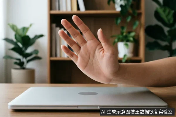 一只手掌在闭合的银色笔记本电脑上方做出停止或拒绝的手势,背景为模糊的书架和绿植。画面直观传达了在电脑硬盘故障时立即停止操作、保持断电及避免盲目尝试的安全止损原则。